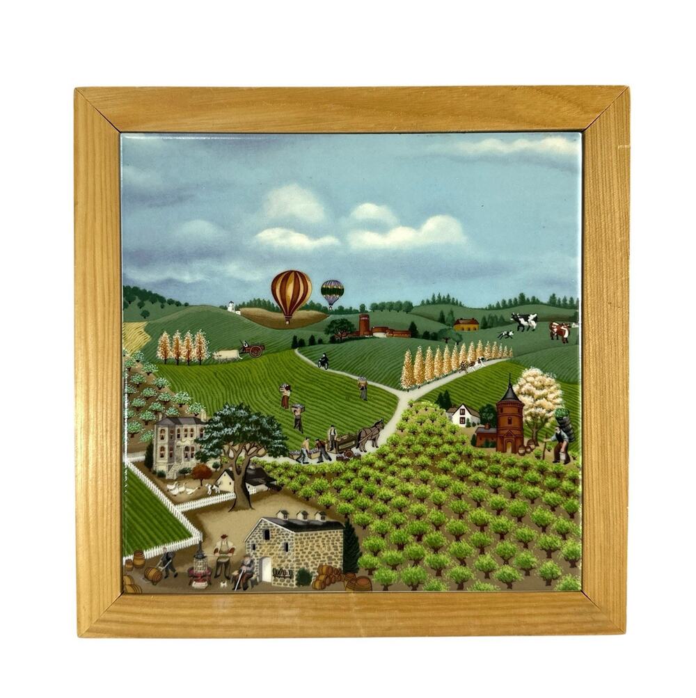 Vintage 1983 Lowell Herrero Vandor Ceramic Tile Plaque Farm Hot Air Balloon